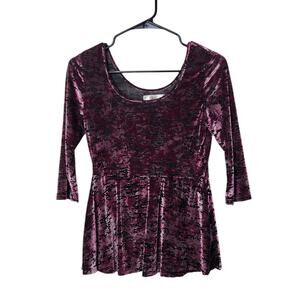 Decree Pink Stretch Pullover Burnout Velvet 3/4 Sleeves Peplum Top Size Medium